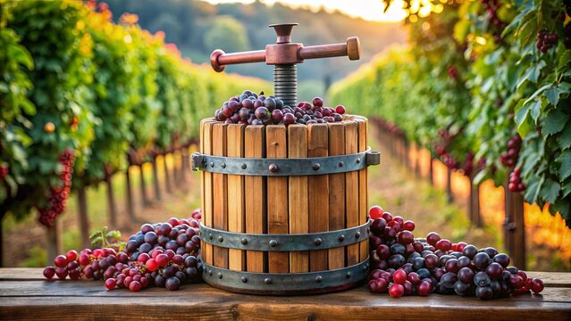 Ancient wooden wine press with red grape must inside, wine press, vintage, traditional, winemaking, old, wooden, retro