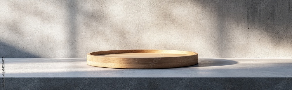 Aufkleber 3d rendering of a wooden plate on a light concrete surface for showcasing products featuring a minim
