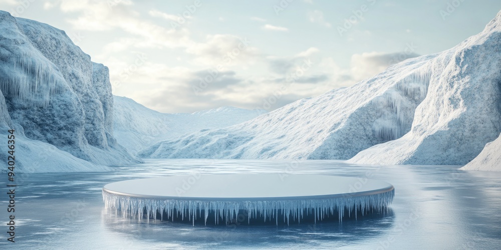 Aufkleber 3d render of a winter platform and natural podium backdrop featuring an ice podium on a frozen lake 