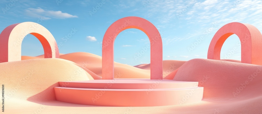 Aufkleber 3D render of an abstract surreal pastel landscape featuring arches and a podium for product display panoramic view vibrant dune setting with ample copy space blue sky with clouds minimalist decor s