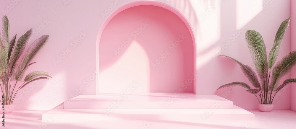 Poster 3D podium in pink tones suitable for background and advertisement mockup Minimalist setting for showcasing products