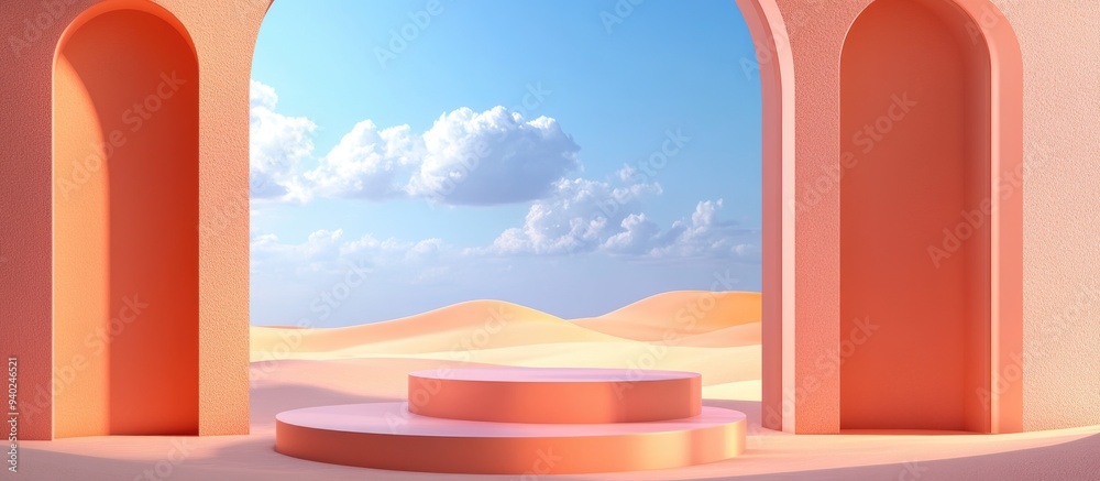 Poster 3d render of an abstract surreal pastel landscape featuring arches and a podium for product display 