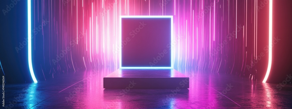 Aufkleber 3D rendered abstract backdrop featuring a square portal illuminated lines neon lights a virtual reality arch and vibrant pink and blue spectrum colors resembling a laser show with a blank space an