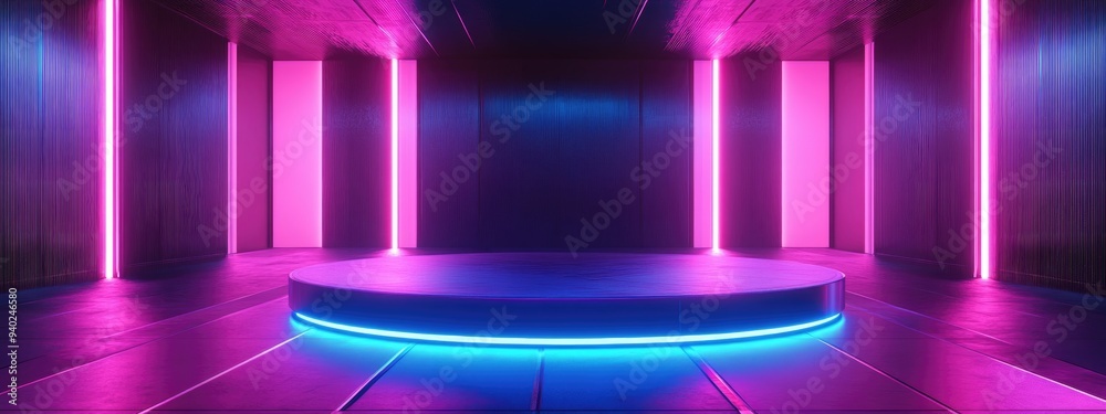Poster 3D rendered abstract background featuring a podium stage display ideal for product showcasing with a cyberpunk aesthetic