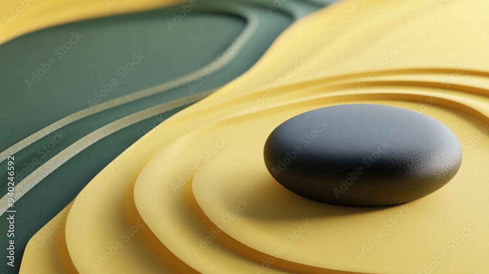 Poster 3d rendering of an abstract zen garden concept featuring a yellow and green background