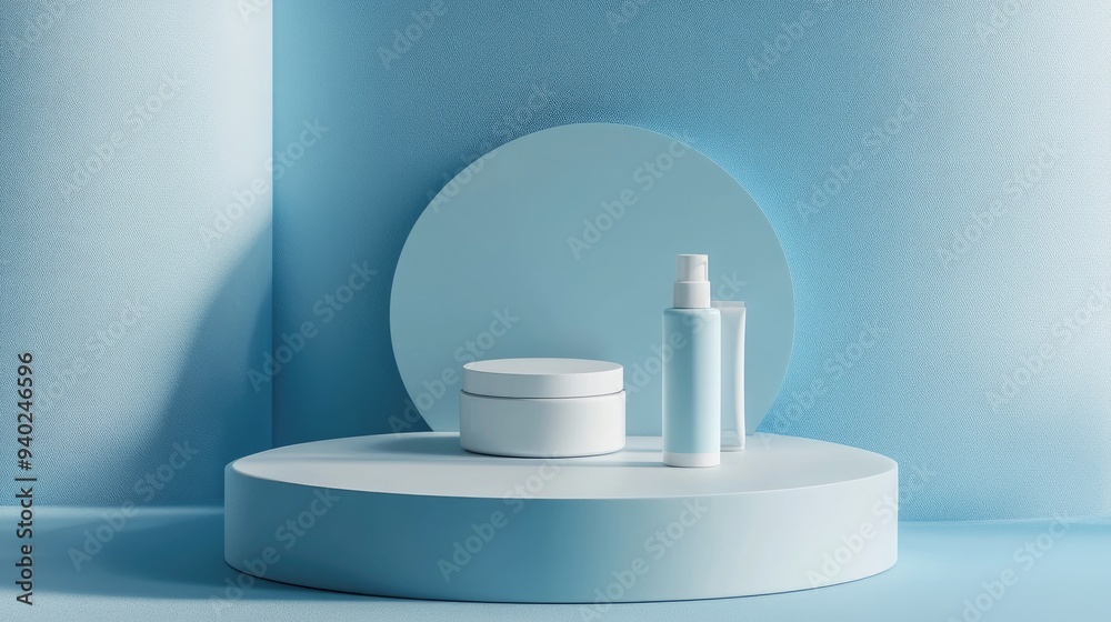 Poster 3d render of a minimalistic product display for cream cosmetics with a contemporary blue pastel back