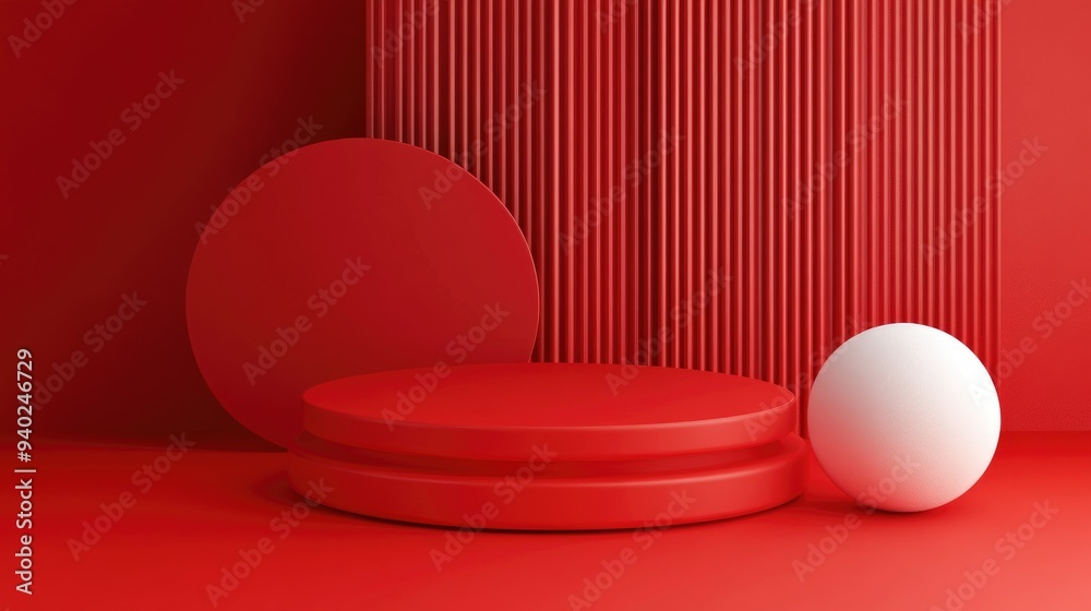 Aufkleber 3D red podium with geometric shapes on a floor designed for product presentation Abstract minimalist composition featuring mock up background 3D rendering illustration