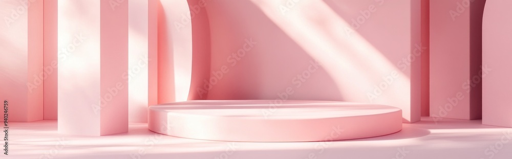 Poster 3d illustration featuring a geometric pink podium for showcasing cosmetic products mockup design wit