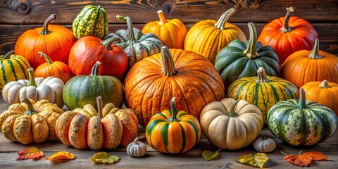 Colorful pumpkins and squashes of various shapes and sizes perfect for fall decor, fall, autumn, harvest, gourds, vibrant, unique