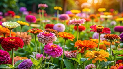 Obraz premium Colorful flat flowers blooming in a vibrant garden during summer, flowers, vibrant, garden, summer, colorful, flat,nature