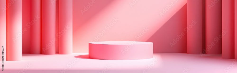 Poster 3d illustration featuring a geometric pink podium for showcasing cosmetic products mockup design wit