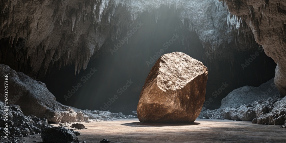 Aufkleber 3D rendering of a brown stone situated in a cave for product showcase concept