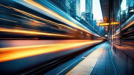 Dynamic urban scene with blurred lights of a fast-moving train, showcasing vibrant city life and energy.