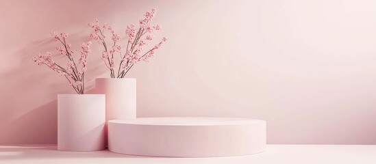Obraz premium 3D rendering of a minimalistic blank podium inspired by a romantic theme Display stand for product presentation mockup Cylindrical stage in a soft pink hue with a simplistic design Delicate backgro