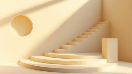 Naklejka premium 3D illustration of a round staircase with a geometric podium on a beige background