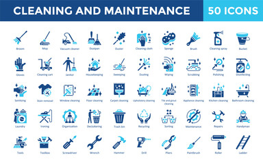 Cleaning and Maintenance icon set with broom, mop, vacuum cleaner, dustpan, duster, cleaning cloth, sponge, brush, cleaning spray, bucket icon. Simple flat vector   © Gravisio
