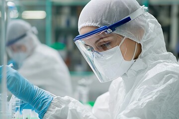 A lab technician performs a complex assay, wearing protective gear and handling delicate instruments The environment is sterile, Generative AI