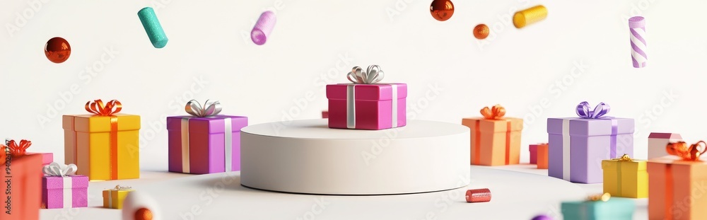 Poster 3D rendering of a podium surrounded by vibrant gift boxes against a white backdrop with clipping path
