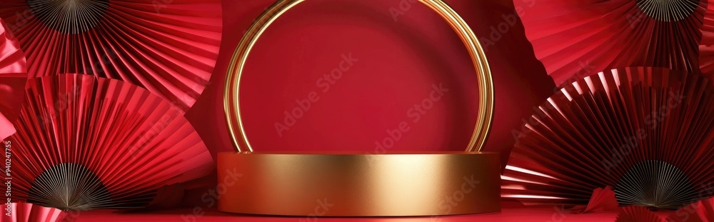 Leinwandbilder 3d podium with golden ring design for a festive background adorned with red fans in vibrant hues ser