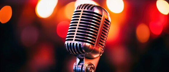 Close-up of a vintage microphone with blurred bokeh lights, perfect for music, events, and recording themes.