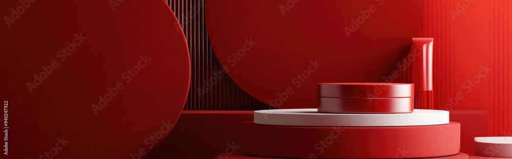 Poster 3D rendering of a blank product display background for cosmetic creams with a contemporary red podium