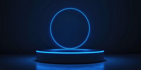 3D blue neon lit cylinder podium on a minimalist backdrop Abstract geometric shape object illustration rendered for showcasing technology products