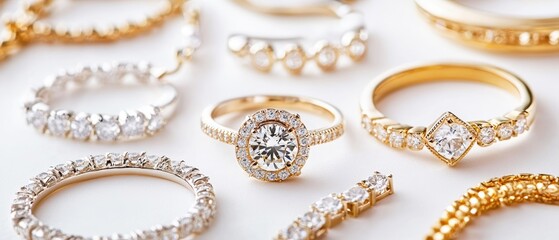 Beautiful assortment of elegant rings featuring gold and silver designs, perfect for weddings, engagements, and fashion accessories.