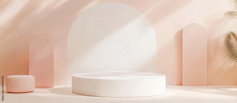 Poster 3d rendering of a pastel minimal scene featuring a white blank podium with an earthy color palette s