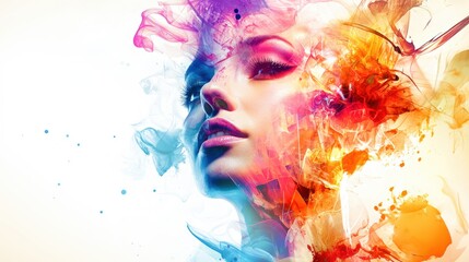 A vibrant portrait featuring colorful abstract splashes around a serene face, symbolizing creativity and self-expression.