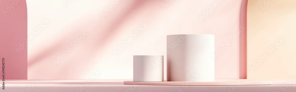 Poster 3d illustration featuring a geometric white cube and cylinder podium designed for showcasing cosmeti