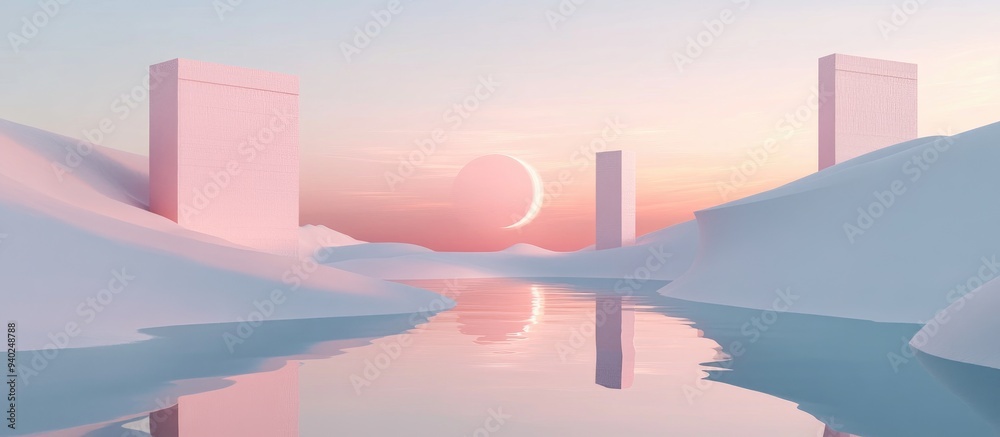 Poster 3D Render Abstract surreal pastel landscape featuring architectural elements and geometric shapes complemented by a beautifully gradient sky and a tranquil lake Minimal concept
