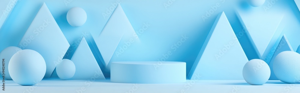 Aufkleber 3D blue podium background texture featuring pastel hues Abstract geometric forms including triangles and spheres 3D rendering suitable for mockup Minimalist scene with creative concepts