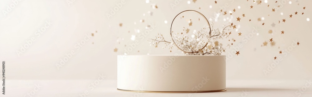 Poster 3d rendering of a light beige and gold product display stand featuring a ring of stars on a white ba