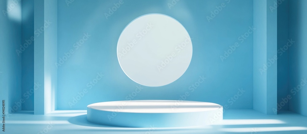 Poster 3d background scene featuring a geometric podium for showcasing products set against a blue studio b