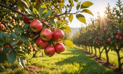 a close-up of a branch in an apple orchard, showcasing a cluster of bright red apples ready for harvest, with sunbeams gently illuminating them