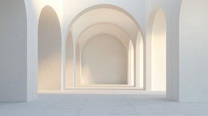 3D rendering of a simple geometric background featuring an architectural corridor with arch columns and an empty wall showcasing a modern minimal concept
