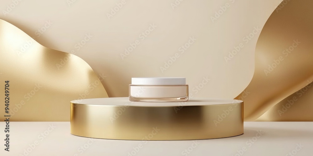 Poster 3d rendering of a blank product display for cosmetic cream on a contemporary gold podium