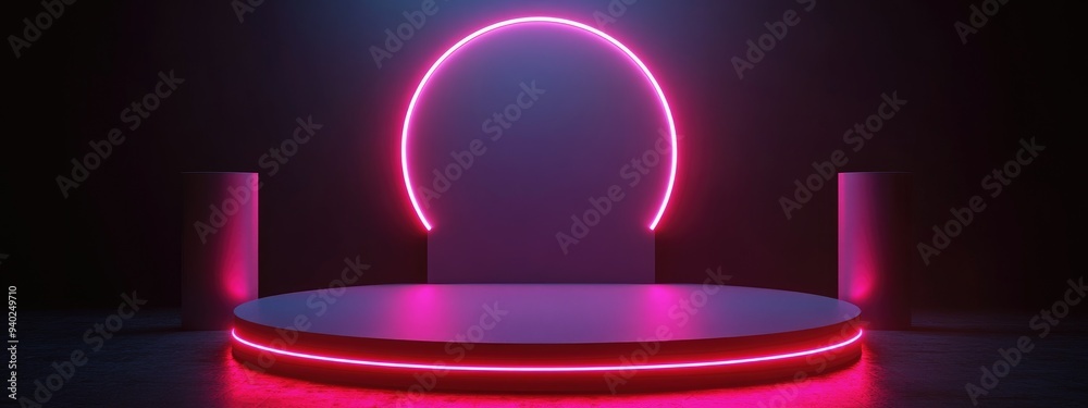 Poster 3D display podium featuring a geometric platform and cylinder stand Commercial backdrop with minimal modern design elements 3D rendering