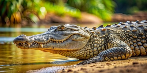 Obraz premium Close-up of an American crocodile resting on a riverbank , American crocodile, reptile, predator, wildlife, crocodilian