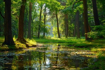 Fototapeta premium Beautiful green forest with a pond in the morning