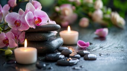 A serene arrangement of stones, candles, and orchids, perfect for relaxation and wellness themes in a soothing environment.