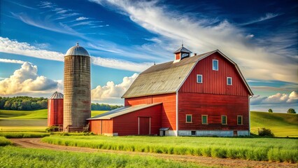 Obraz premium Rustic red barn and silo surrounded by rolling fields and blue sky, farm, rural, agriculture, countryside, vintage