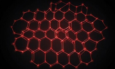 Obraz premium a dark hexagonal grid with illuminated nodes connected by glowing red lines, featuring prominent central nodes highlighted with a bright glow
