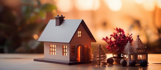 wooden house model on a table with blurred background. ultra realistic photography. copy space.