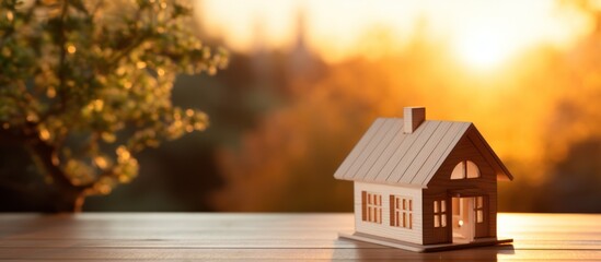 wooden house model on a table with blurred background. ultra realistic photography. copy space.
