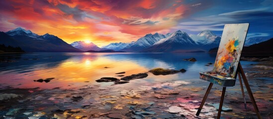 Canvas on the edge of an icy lake, paint splattered around it with a sunset in the background.