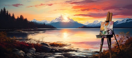 Canvas on the edge of an icy lake, paint splattered around it with a sunset in the background.