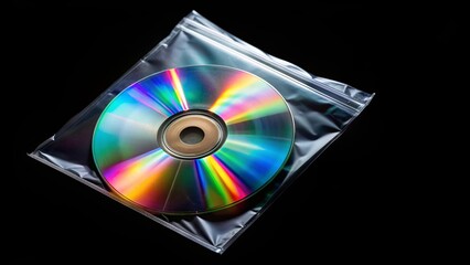 Fototapeta premium CD inside plastic bag with ziplock isolated on black background , CD, plastic bag, ziplock, isolated, black background