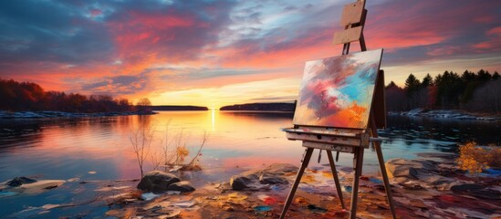 Canvas on the edge of an icy lake, paint splattered around it with a sunset in the background.