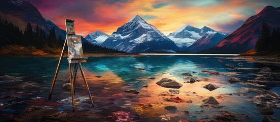 Canvas on the edge of an icy lake, paint splattered around it with a sunset in the background.